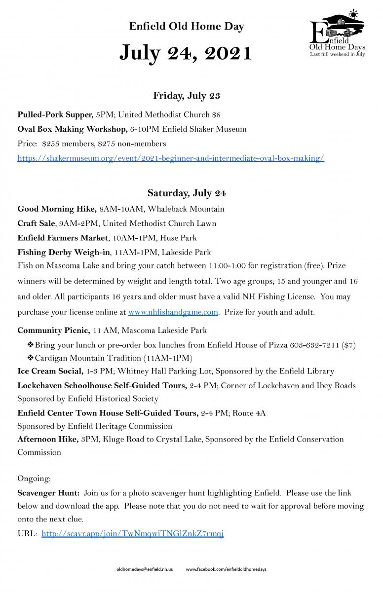 Enfield Old Home Day Events July 24, 2021